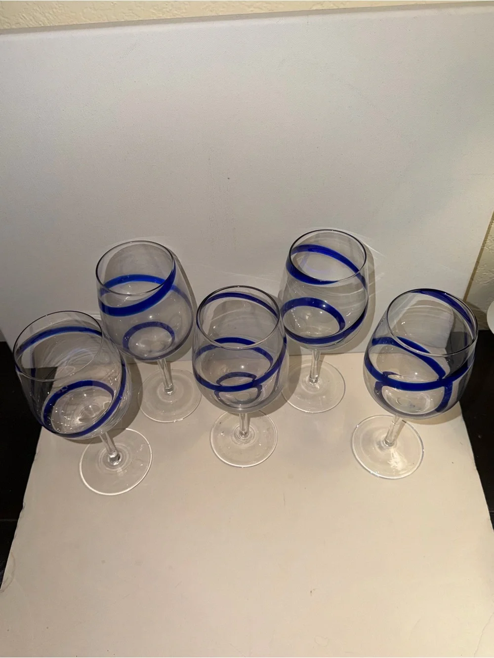 Set of 5 Pier 1 Cobalt Blue Swirl Water/Wine Goblets Glasses 16 oz